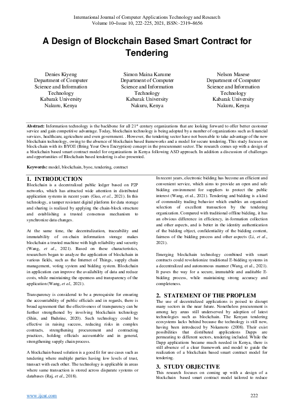 (PDF) A Design of Blockchain Based Smart Contract for Tendering