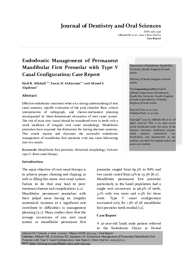 PDF) Endodontic Management of Permanent Mandibular First Premolar