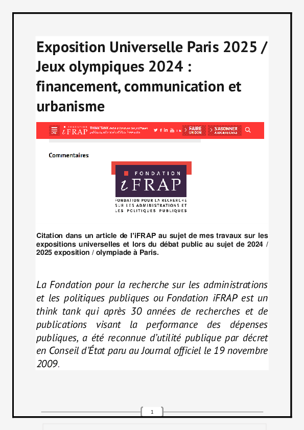 (PDF) Exposition Universelle Paris 2025, Jeux olympiques 2024 Paris financement, communication