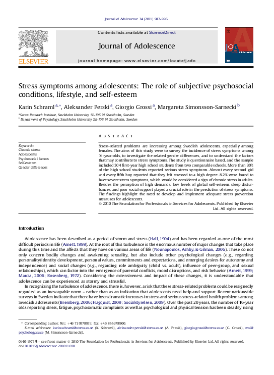 (PDF) Stress symptoms among adolescents: The role of subjective ...