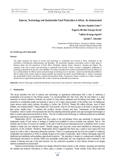 (PDF) Science, Technology and Sustainable Food Production in Africa: An ...