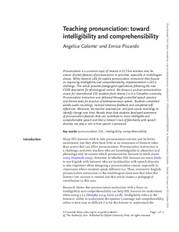(PDF) Teaching Pronunciation: Toward Intelligibility and Comprehensibility