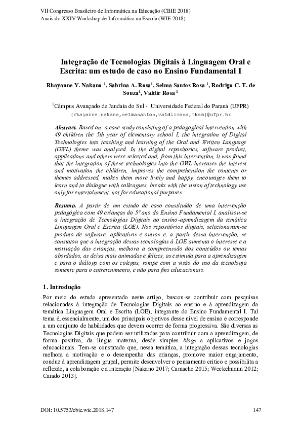 (PDF) Integração de Tecnologias Digitais à Linguagem Oral e Escrita: um ...
