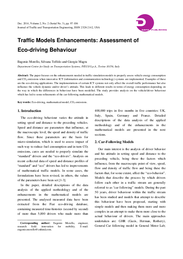 (PDF) Traffic Models Enhancements: Assessment of Eco-driving Behaviour