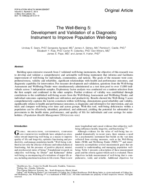(PDF) The Well-Being 5: Development and Validation of a Diagnostic ...