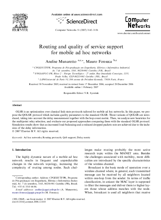 (PDF) Routing and quality of service support for mobile ad hoc networks