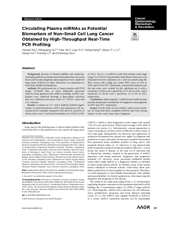 (PDF) Circulating plasma microRNAs as potential biomarkers of non-small ...