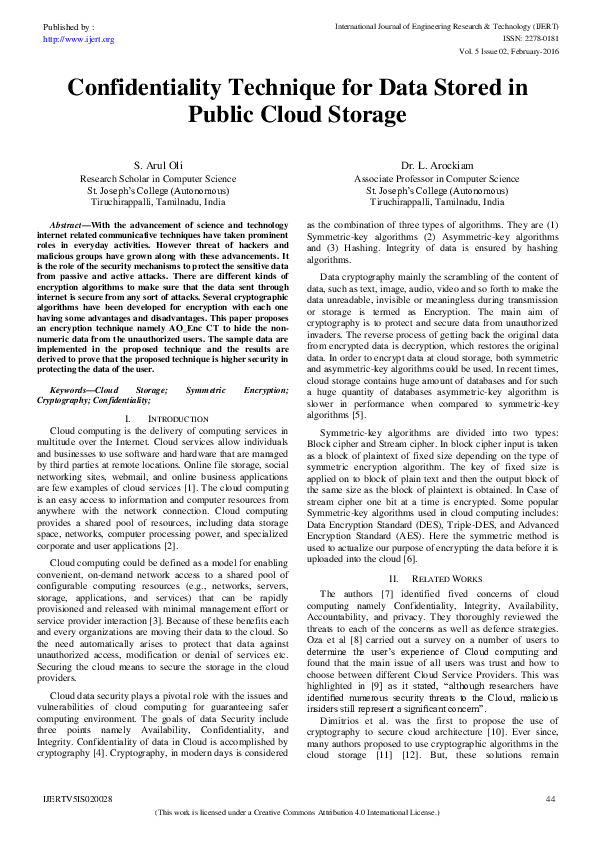 (PDF) Confidentiality Technique for Data Stored in Public Cloud Storage