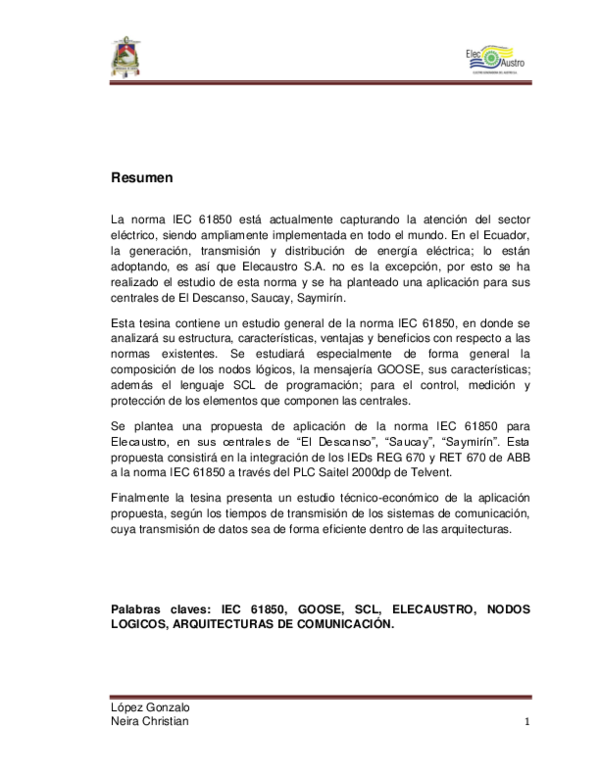 (PDF) Proyecto IEC 61850, redes de comunicación y sistemas en ...