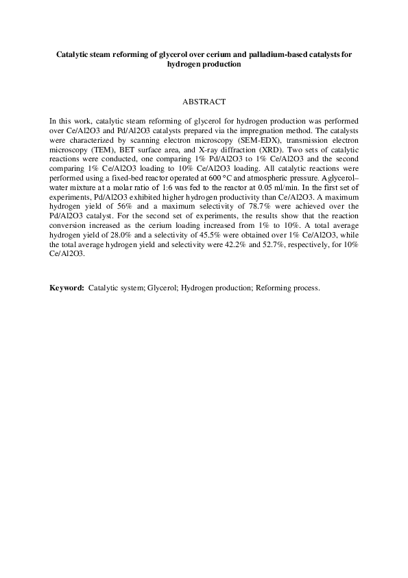 (PDF) Catalytic Steam Reforming of Glycerol Over Cerium and Palladium ...