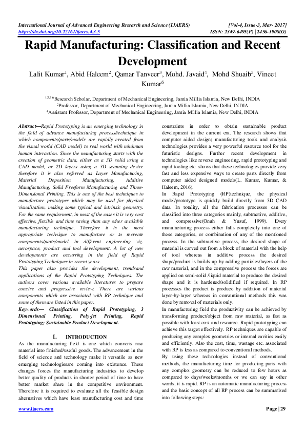 (PDF) Rapid Manufacturing: Classification and Recent Development | abid ...
