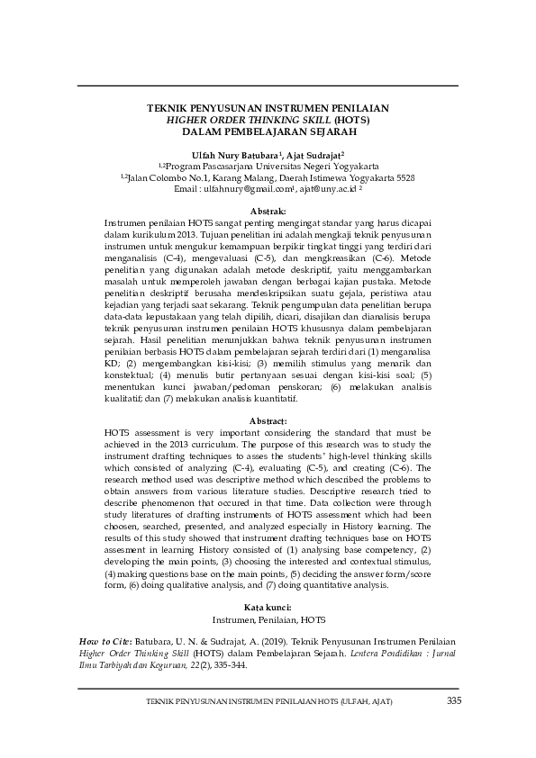 (PDF) Teknik Penyusunan Instrumen Penilaian Higher Order Thinking Skill ...