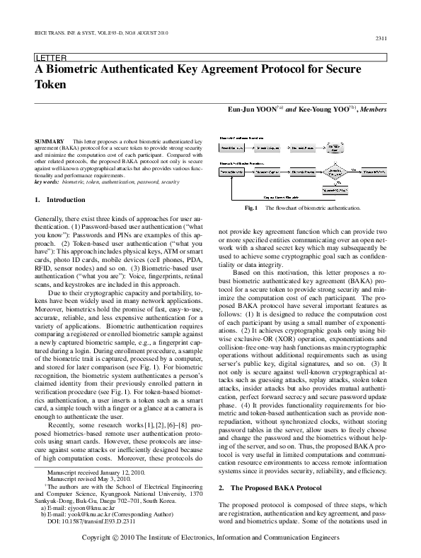 (PDF) A Biometric Authenticated Key Agreement Protocol for Secure Token