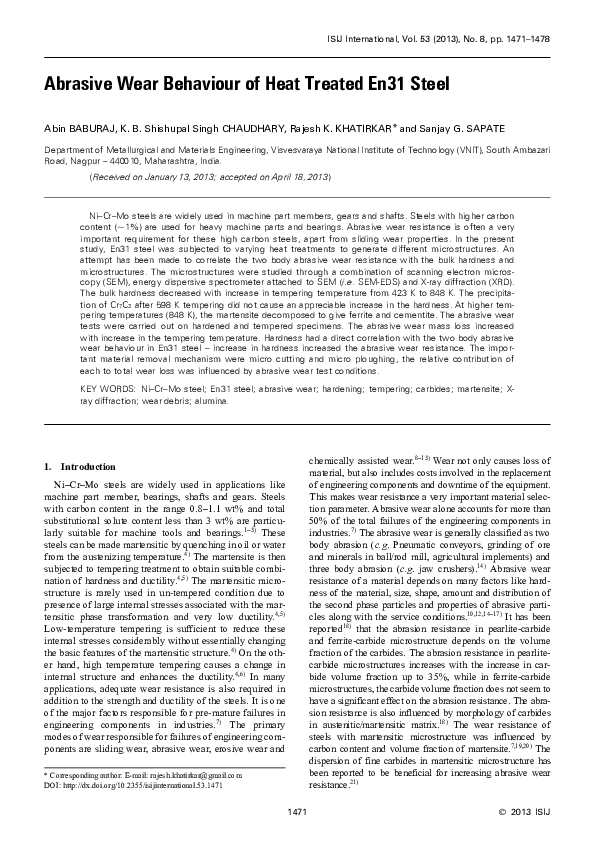 (PDF) Abrasive wear behaviour of heat treated En31 steel Abin Baburaj