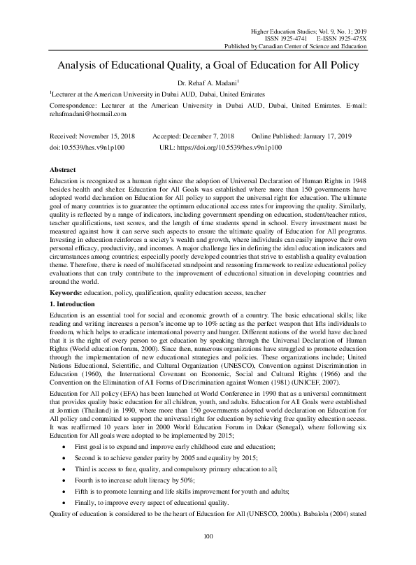(PDF) Analysis of Educational Quality, a Goal of Education for All Policy