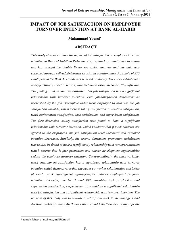 (PDF) Impact of Job Satisfaction on Employee Turnover Intention at Bank ...