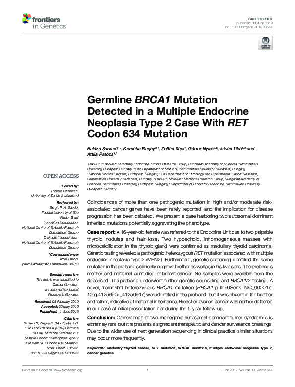 (PDF) Germline BRCA1 Mutation Detected in a Multiple Endocrine ...