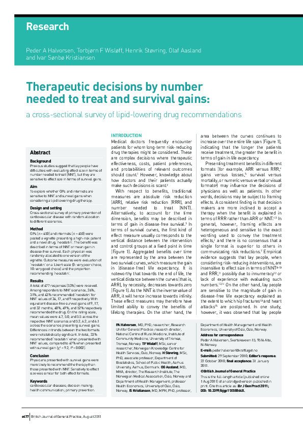 (PDF) Therapeutic decisions by number needed to treat and survival ...