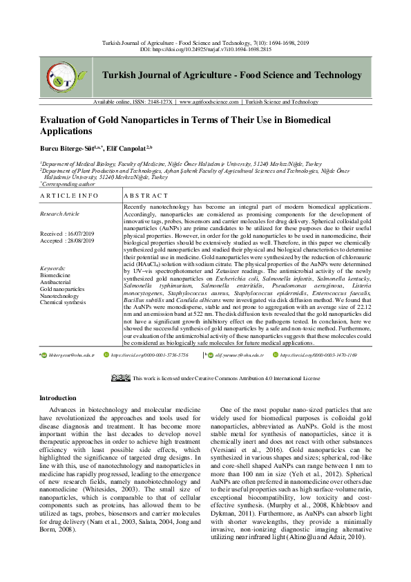 (PDF) Evaluation of Gold Nanoparticles in Terms of Their Use in ...