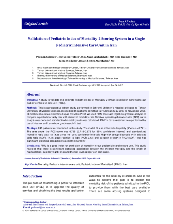 (PDF) Validation of Pediatric Index of Mortality-2 Scoring System in a ...