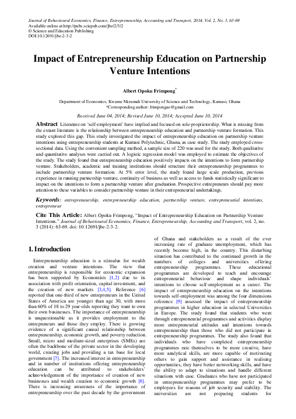 (PDF) Impact of Entrepreneurship Education on Partnership Venture ...