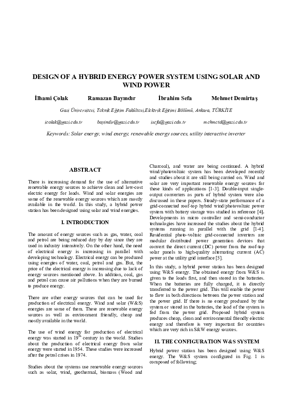 (PDF) Design of a Hybrid Energy Power System Using Solar and Wind Power