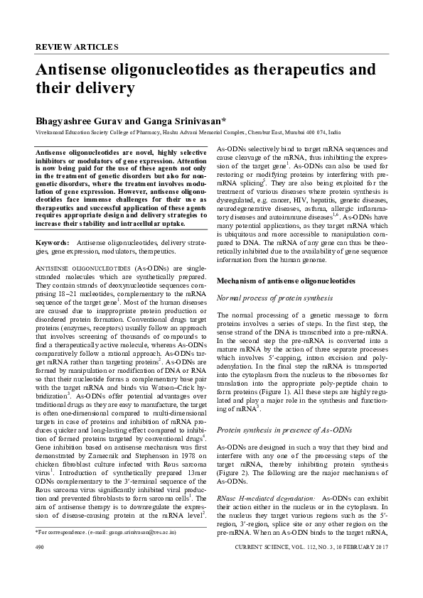 (PDF) Antisense Oligonucleotides as Therapeutics and their Delivery