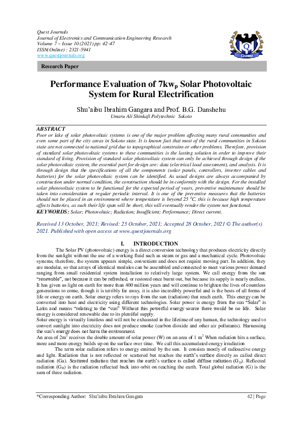 (PDF) Performance Evaluation of 7kw p Solar Photovoltaic System for ...