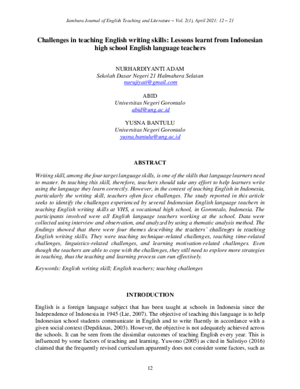 (PDF) Challenges in teaching English writing skills: Lessons learnt ...
