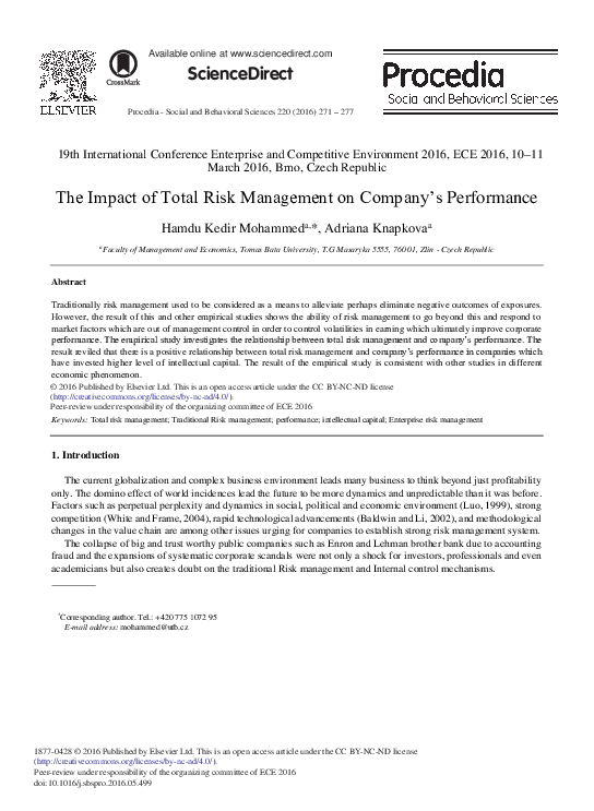 (PDF) The Impact of Total Risk Management on Company's Performance