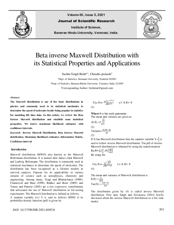 (PDF) Beta inverse Maxwell Distribution with its Statistical Properties ...