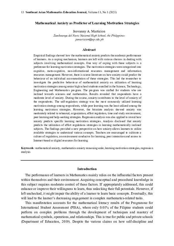 (PDF) Mathematical Anxiety as Predictor of Learning Motivation Strategies