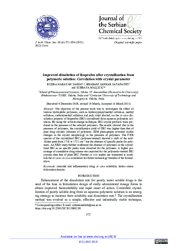 (PDF) Improved dissolution of ibuprofen after crystallization from ...