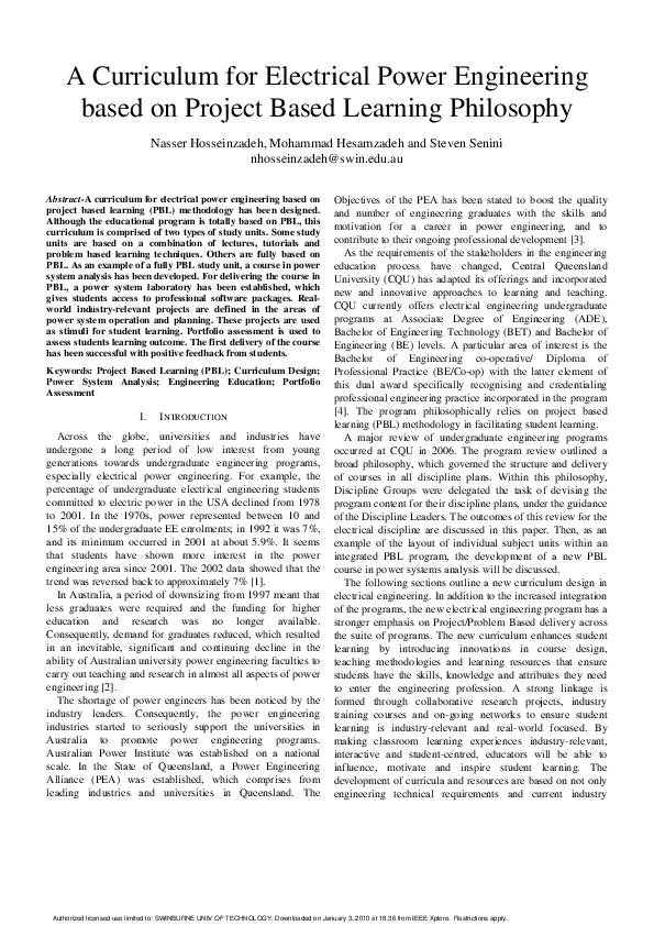 (PDF) A curriculum for electrical power engineering based on project ...