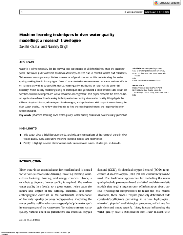 (PDF) Machine learning techniques in river water quality modelling: a ...