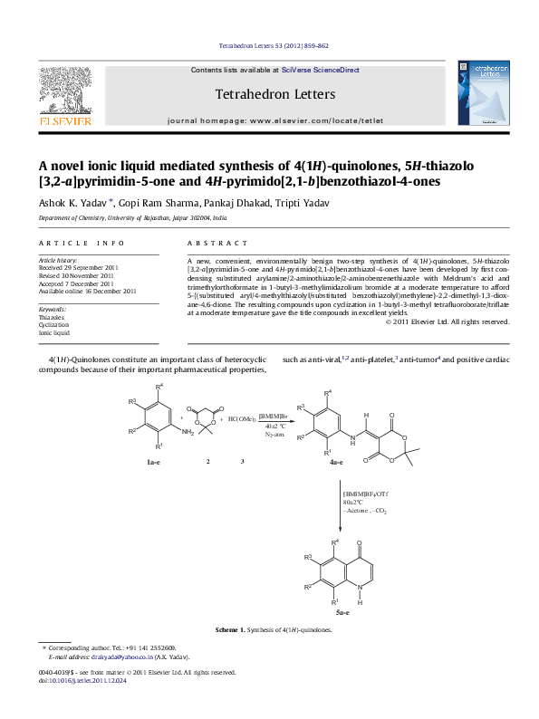 (PDF) A novel ionic liquid mediated synthesis of 4(1H)-quinolones, 5H ...