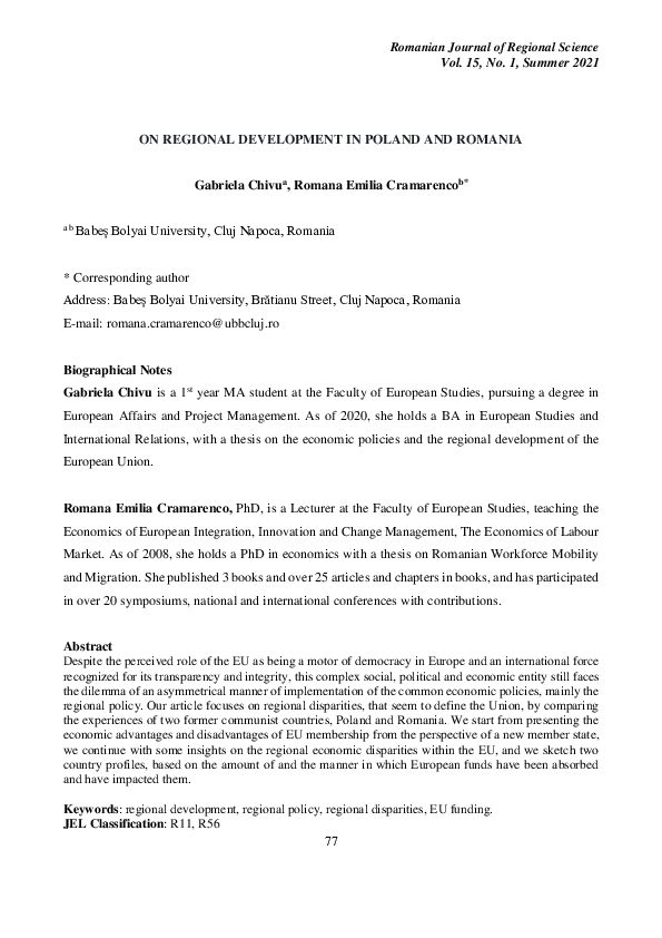 (PDF) ON REGIONAL DEVELOPMENT IN POLAND AND ROMANIA