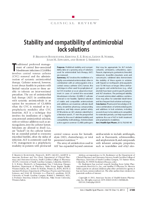 (PDF) Stability and compatibility of antimicrobial lock solutions