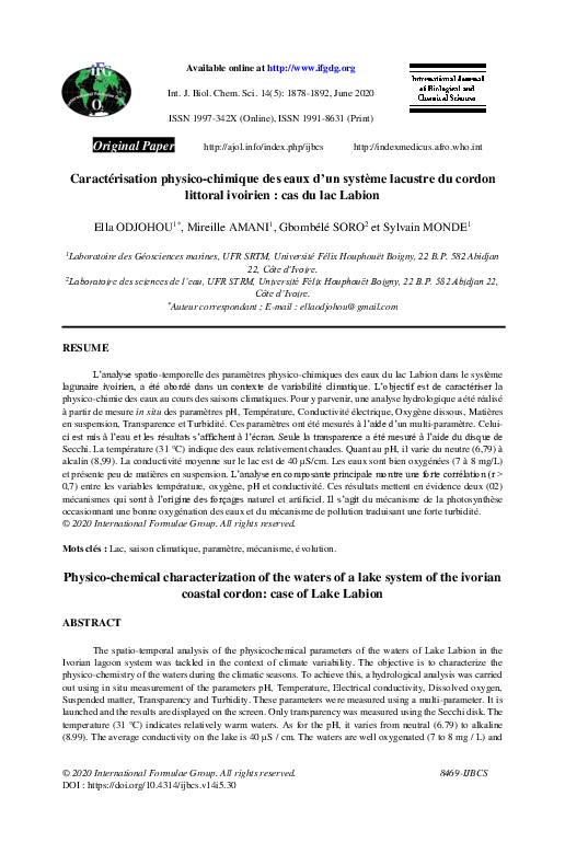 (PDF) Caractérisation physico-chimique des eaux d’un système lacustre ...