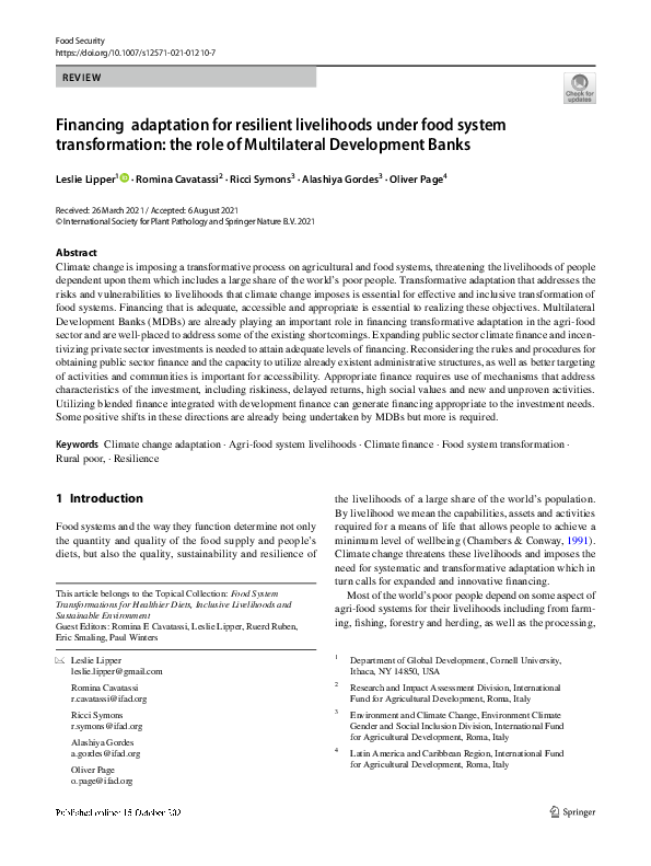 (PDF) Financing adaptation for resilient livelihoods under food system ...