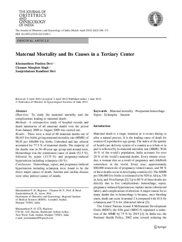 (PDF) Maternal Mortality and Its Causes in a Tertiary Center