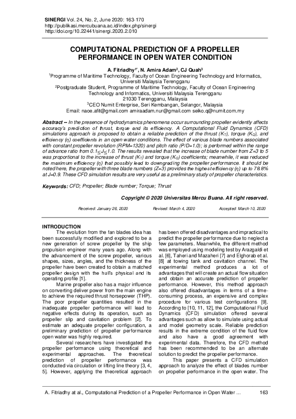 (PDF) Computational Prediction of a Propeller Performance in Open Water ...