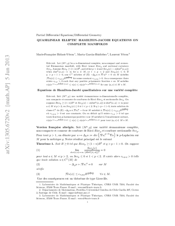 (PDF) Quasilinear elliptic Hamilton–Jacobi equations on complete manifolds