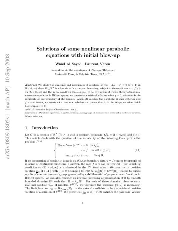 (PDF) Solutions of some nonlinear parabolic equations with initial blow-up