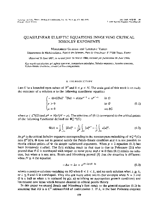 (PDF) Quasilinear elliptic equations involving critical Sobolev exponents