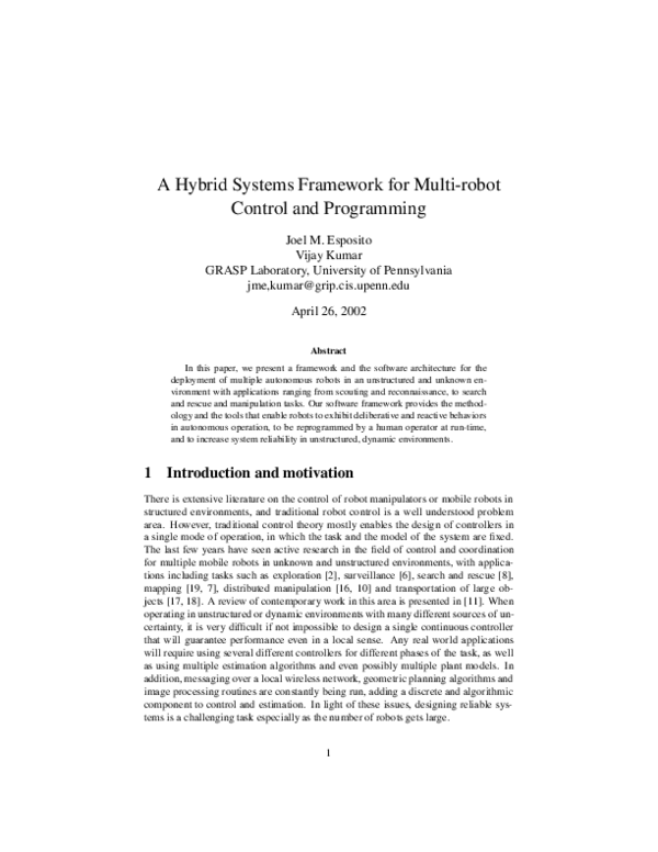 (PDF) A Hybrid Systems Framework for Multi-robot Control and Programming