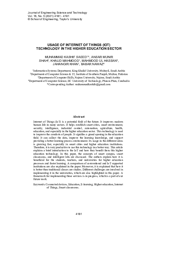 (PDF) USAGE OF INTERNET OF THINGS (IOT) TECHNOLOGY IN THE HIGHER ...