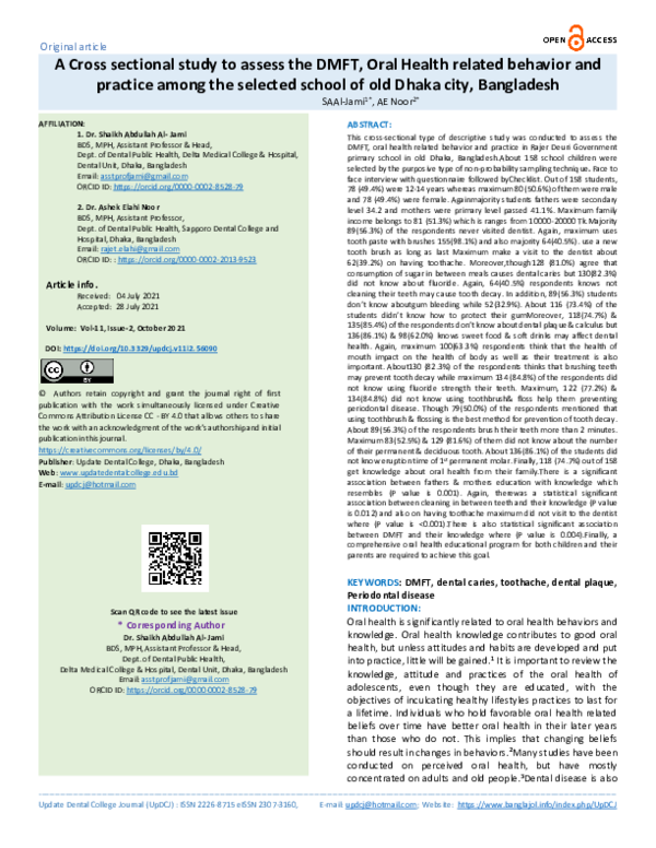 (PDF) A Cross sectional study to assess the DMFT, Oral Health related ...