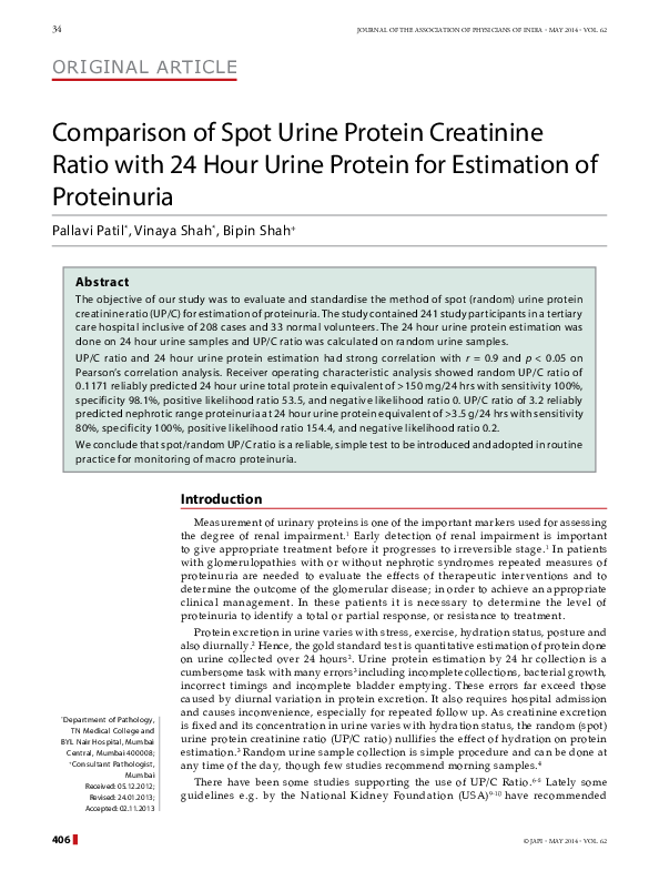 (PDF) Comparison of Spot Urine Protein Creatinine Ratio with 24 Hour
