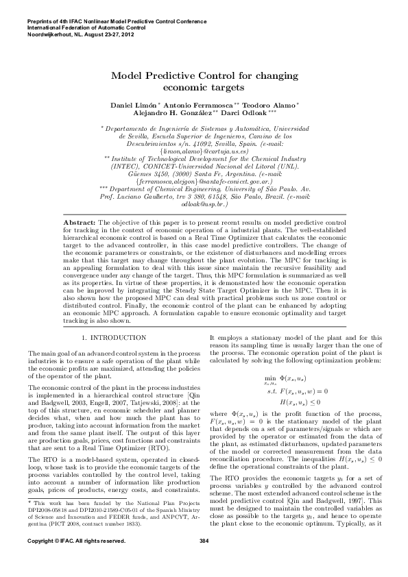 (PDF) Model Predictive Control for Changing Economic Targets
